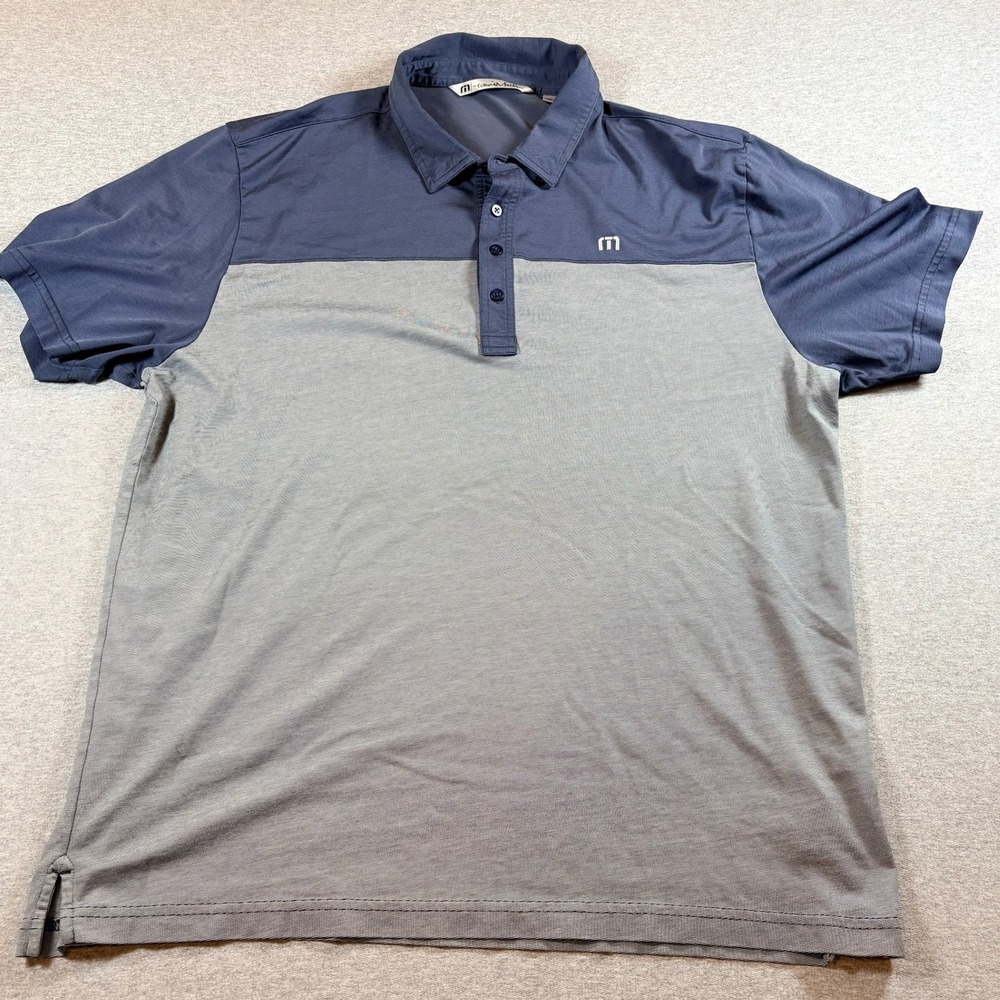 TravisMathew Polo Shirt Mens XXL Grey Navy Colorblock Short Sleeve Golf Top